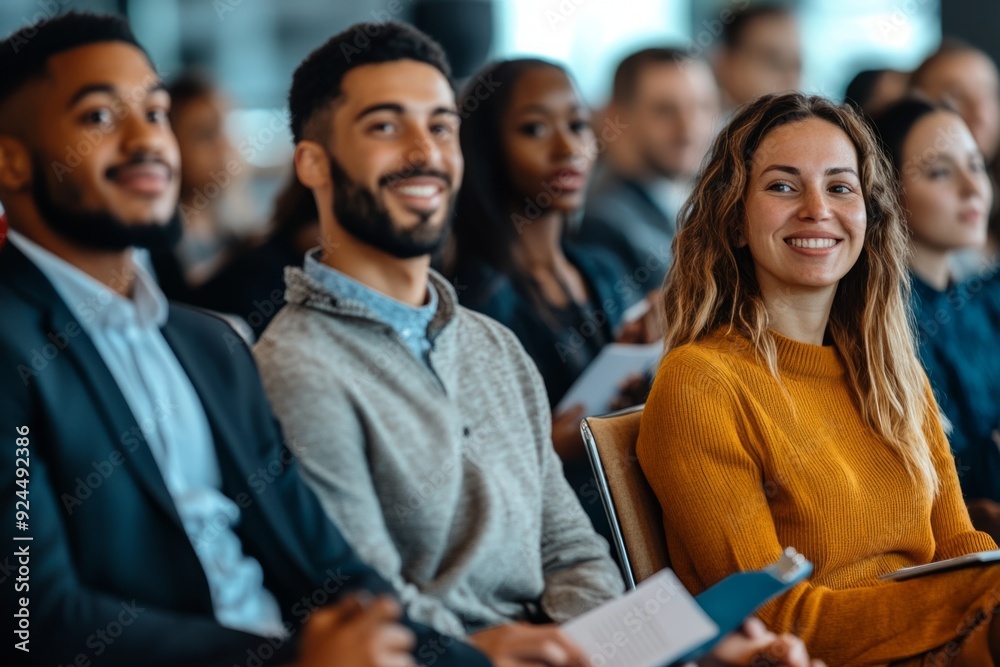 A diverse group of smiling people attending an engaging event. They show enthusiasm and connection. Ideal for business or social campaigns. Generative AI A diverse group of smiling people attending an engaging event. They show enthusiasm and connection. Ideal for business or social campaigns. Generative AI
