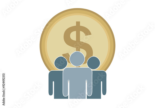 Grupo de personas delante de la moneda dorada de dolar
