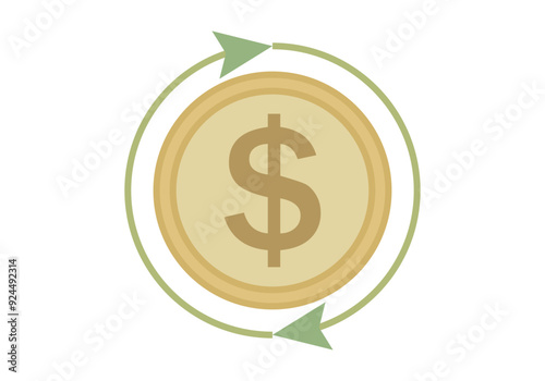 Moneda dorada de dólar rodeada de flechas circular verde representando las operaciones financieras