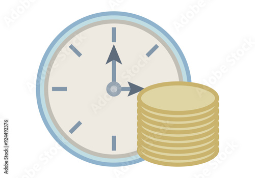 Reloj analógico de marco azul con  pila de monedas representando el ahorro o salario