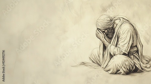 The Sin of Achan: Joshua praying for forgiveness and guidance after Achan's punishment, biblical illustration, Beige Background photo