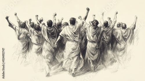 The Levitical Cities: Levites celebrating as they prepare to move into allotted cities, biblical illustration, Beige Background