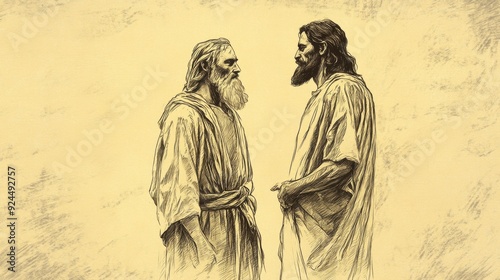 The Sin of Achan: Guilty and fearful Achan standing before Joshua, lots reveal his sin, biblical illustration, Beige Background photo