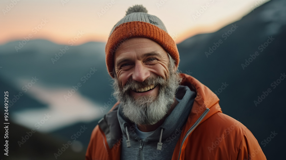 Obraz premium A close-up portrait of a happy man with gray hair and a beard, smiling at the camera.