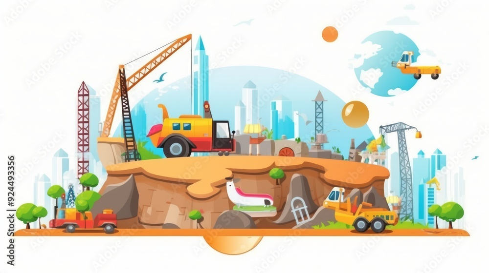 A cartoon drawing of a city with a lot of construction going on A cartoon drawing of a city with a lot of construction going on