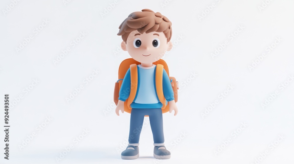 Cartoon Boy with Backpack on White Background in Happy Childlike Style Cartoon Boy with Backpack on White Background in Happy Childlike Style