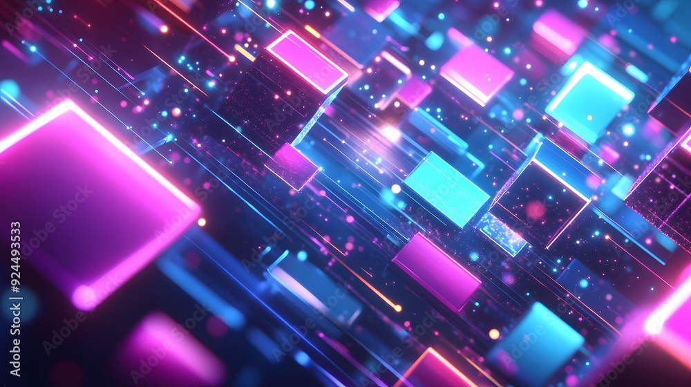 66. A vibrant, dynamic array of geometric shapes and glowing particles forming a futuristic background 66. A vibrant, dynamic array of geometric shapes and glowing particles forming a futuristic background