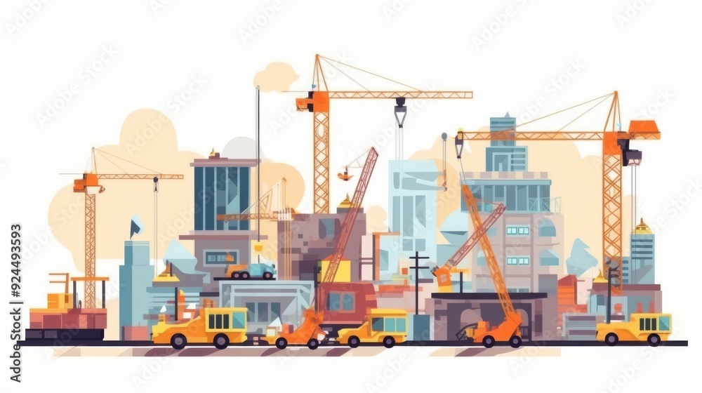 A city skyline with many cranes and construction vehicles A city skyline with many cranes and construction vehicles