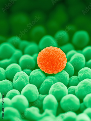 A lone, bioluminescent mpox virion. This microscopic orange orb, a single infectious agent, rests ominously on a field of green VERO E6 cells, highlighting the potential for viral spread. photo