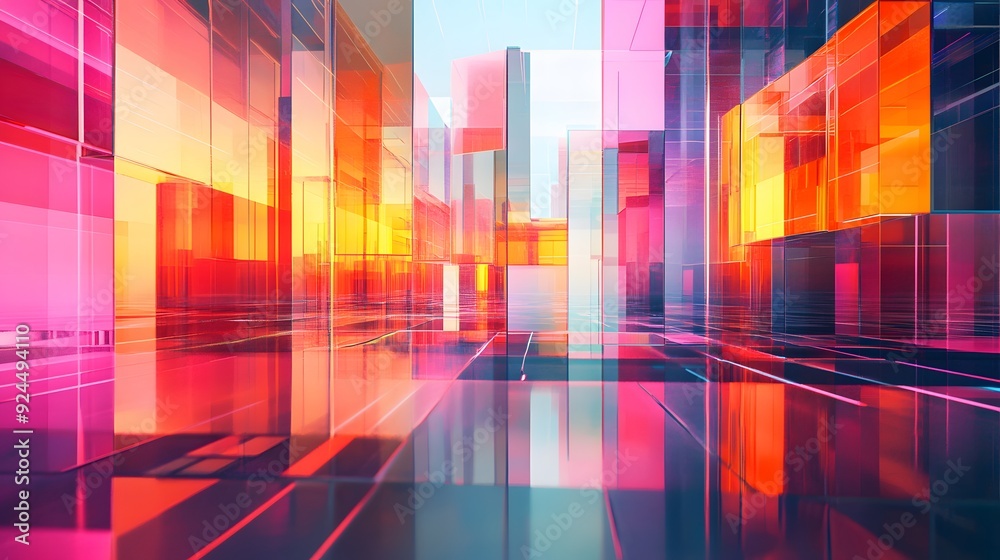 70. A complex arrangement of translucent prisms and radiant lines forming a high-tech, 3D scene