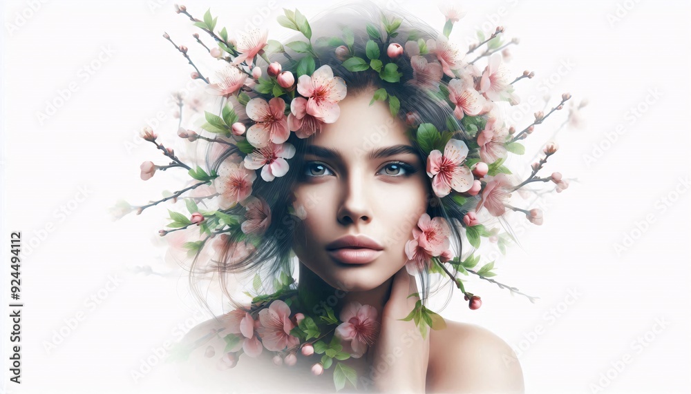Woman double face with flowers tangled on her hair exposure Woman double face with flowers tangled on her hair exposure