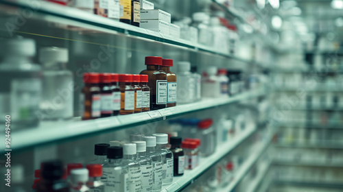 Wallpaper Mural a pharmacy setting with neatly arranged medical vials on shelves. various types of vials, such as those for antibiotics, vitamins, and injectables, with a professional, organized look. Torontodigital.ca