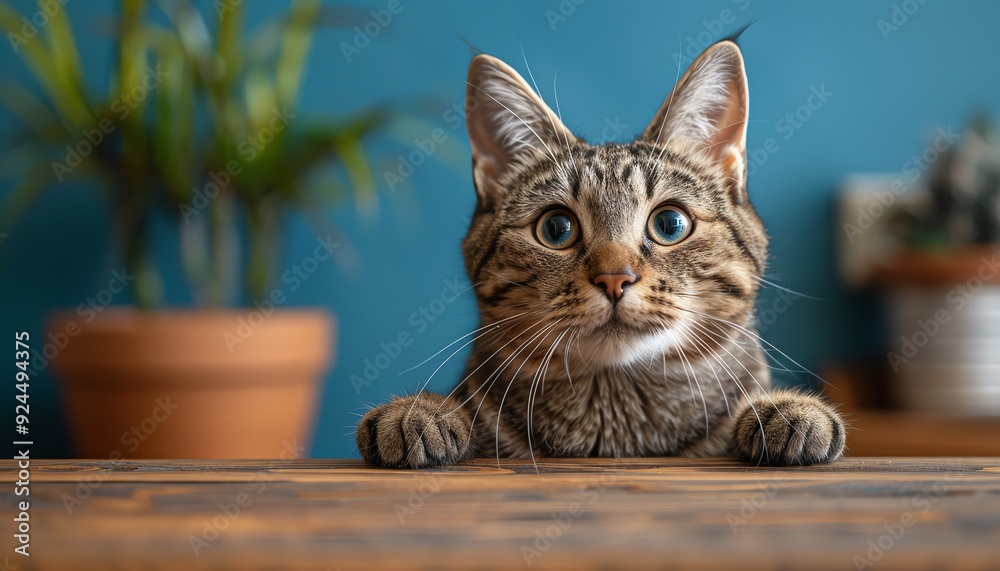 Tabby cat sitting against a blue background, looking curious Tabby cat sitting against a blue background, looking curious
