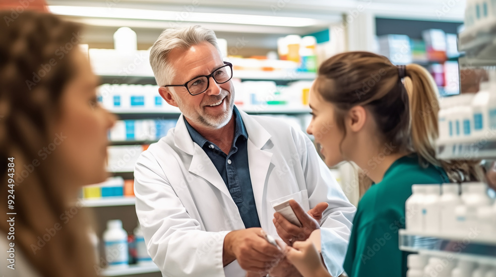 Pharmacist, medicine and help for woman customer at the counter for pills, help and information on treatment. Pharmacy, consulting and girl asking questions from healthcare worker, advice and trust Pharmacist, medicine and help for woman customer at the counter for pills, help and information on treatment. Pharmacy, consulting and girl asking questions from healthcare worker, advice and trust
