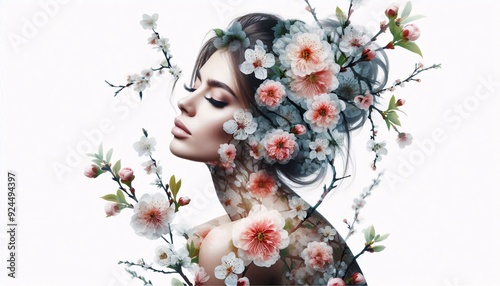 Woman double face with flowers tangled on her hair exposure