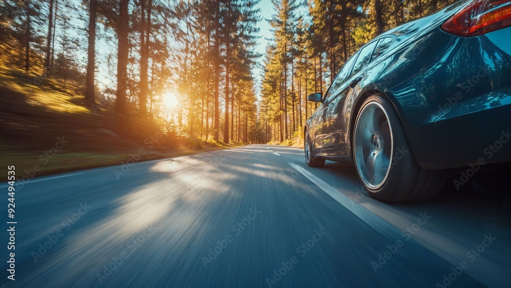 Fototapeta premium A dynamic drive through an enchanting forest road at sunset, showcasing a sleek car gliding past vibrant trees bathed in golden light, evoking freedom and adventure.