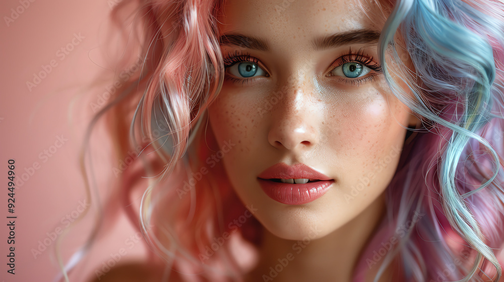 Vibrant cosplay girl with rainbow hair, pink background, high contrast, colorful pop culture style Vibrant cosplay girl with rainbow hair, pink background, high contrast, colorful pop culture style