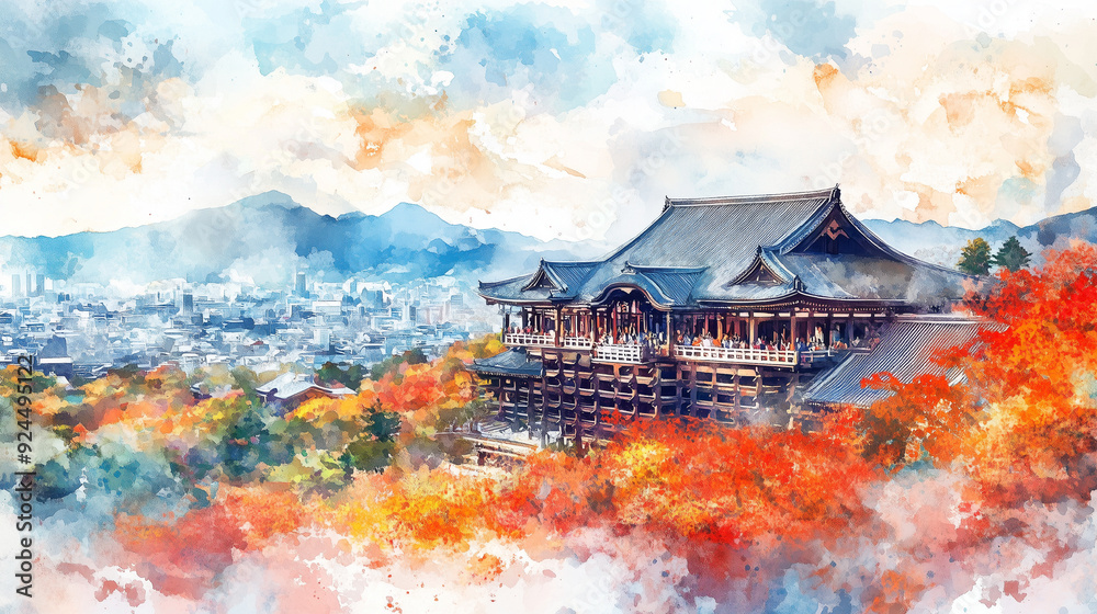 Obraz premium 京都の秋を彩る絶景!紅葉に包まれた清水寺と市街地のパノラマビュー