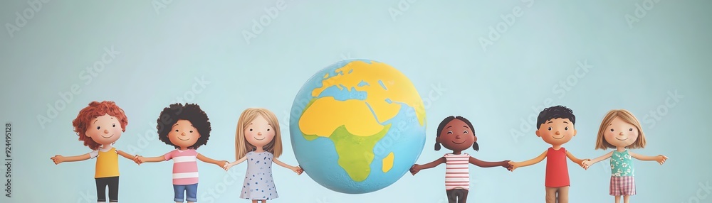 Diverse group of children holding hands around globe, symbolizing unity. Diverse group of children holding hands around globe, symbolizing unity.