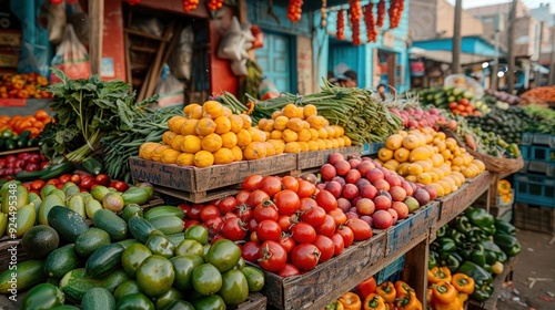 Vibrant fruit and vegetable market bustling with colors on a sunny day in a lively neighborhood. Generative AI