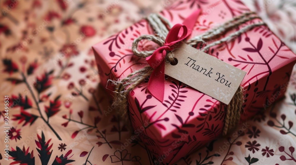 A beautifully wrapped gift with floral patterns and a heartfelt thank you note sits on a patterned tablecloth during a cozy celebration. Generative AI A beautifully wrapped gift with floral patterns and a heartfelt thank you note sits on a patterned tablecloth during a cozy celebration. Generative AI