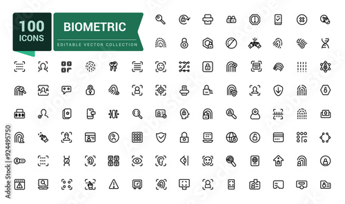 Set of biometric line icons related to data protection, cyber security, privacy. Simple editable vector stroke illustration.
