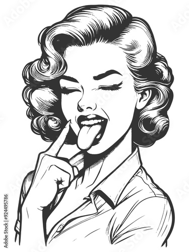 pin-up girl playfully sticking out her tongue, show middle finger, fun and cheeky sketch engraving generative ai fictional character vector illustration. Scratch board imitation. Black and white image