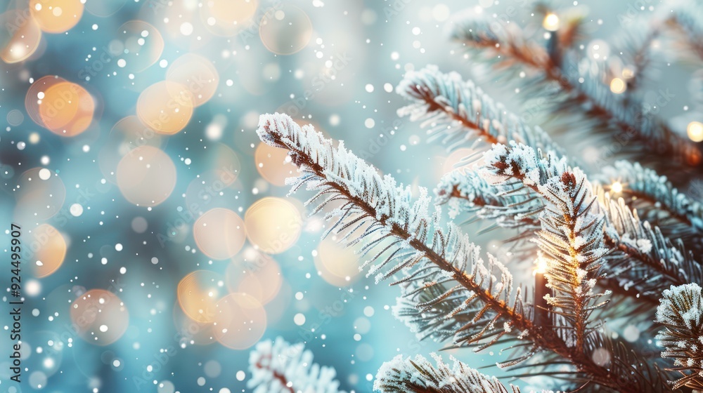 Snow-Covered Pine Branch with Festive Lights Snow-Covered Pine Branch with Festive Lights