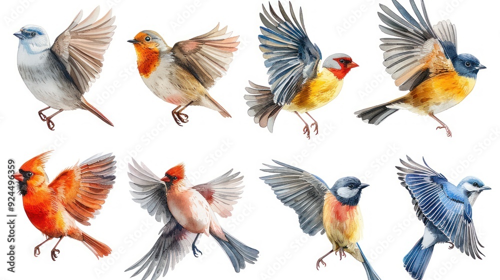 Obraz premium Colorful collection of vibrant birds in mid-flight showcasing diverse plumage and poses against a white background. Generative AI