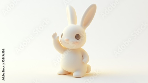 Cute White Rabbit Waving Indoors in a Minimalist Setting with Soft Lighting