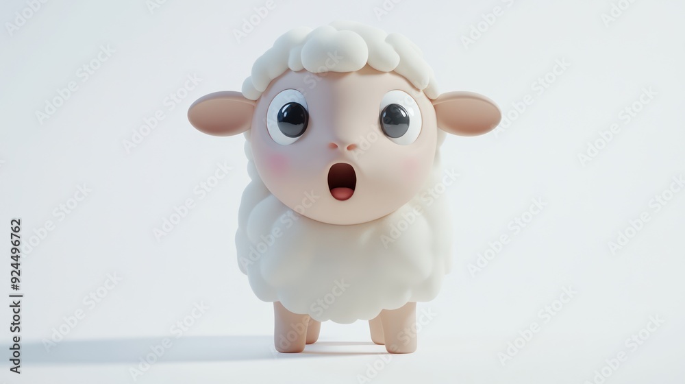 Adorable Sheep Cartoon with Wide Eyes on White Background Showing Surprise and Innocence