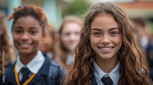 Joyful students in school uniforms share smiles during a sunny day on campus, capturing youthful camaraderie. Generative AI