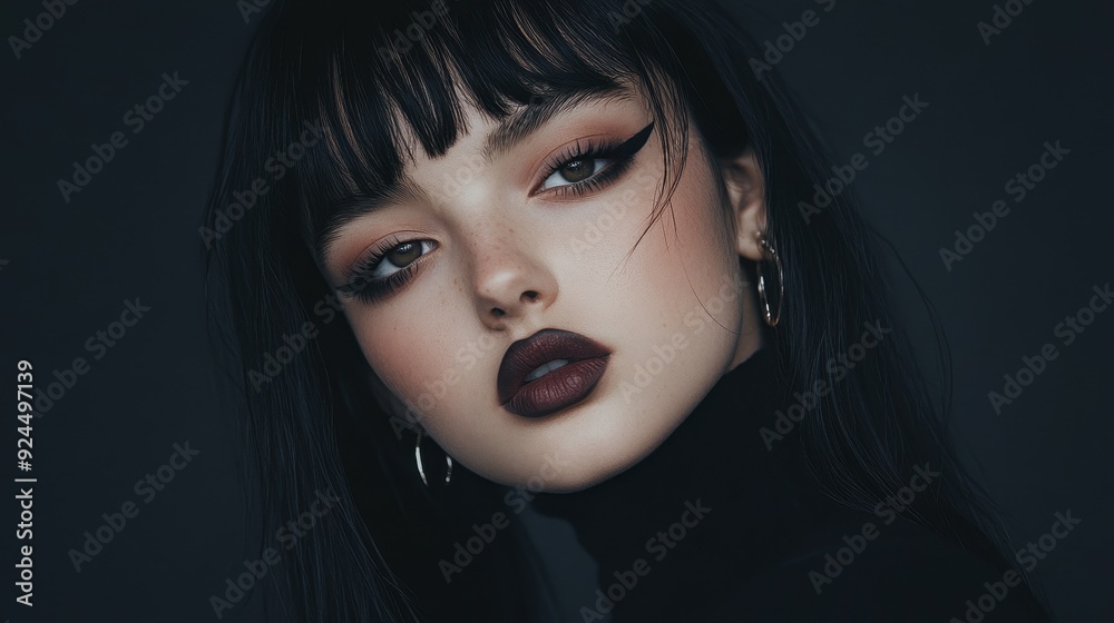 Close-up portrait of a woman with dark hair and dramatic makeup.