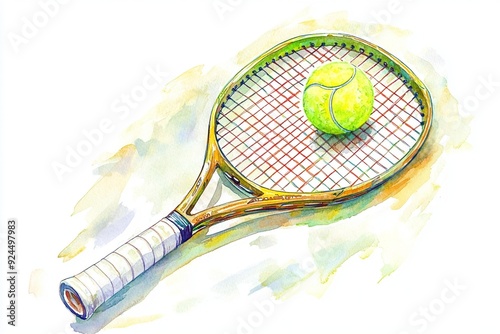 vibrant watercolor illustration oftennis racket andbright yellow tennis ball, evokingsense of energy and sport.