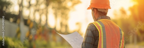 An individual wearing a high-vis vest and construction helmet inspects architectural plans outside, amidst nature in the daylight. photo