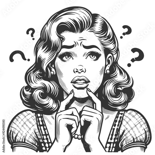 woman with dilemma confusion or uncertainty, question mark above her head sketch engraving generative ai fictional character vector illustration. Scratch board imitation. Black and white image.