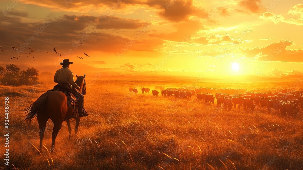 Cowboy riding a horse at sunset. Cowboy riding a horse at sunset.