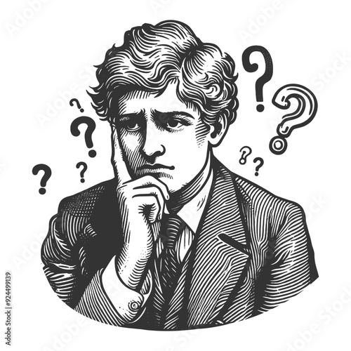 man deep in thought, symbolizing confusion or contemplation dilemma sketch engraving generative ai fictional character vector illustration. Scratch board imitation. Black and white image.