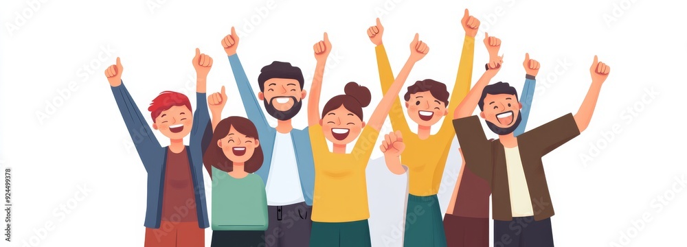 Fototapeta premium A happy group of people celebrating success together, cheering and showing thumbs up, isolated on a white background.