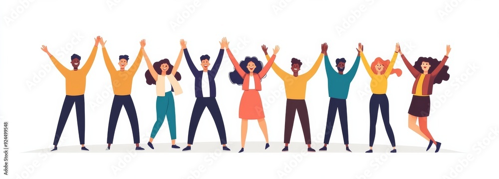 A happy group of people celebrating success together, cheering and showing thumbs up, isolated on a white background.