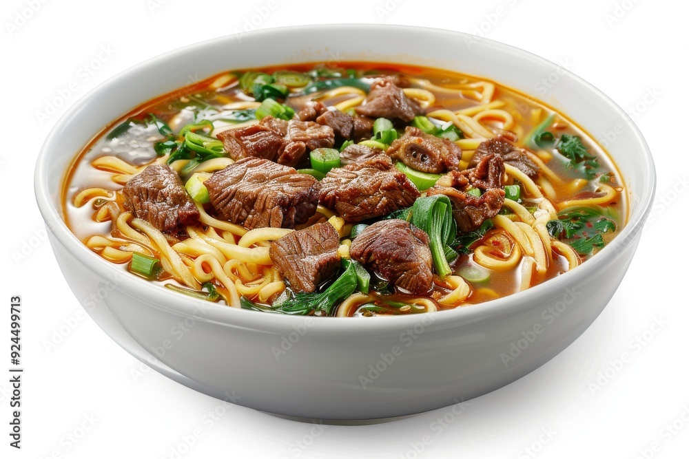 A bowl of beef noodle soup with vegetables in a savory broth. A bowl of beef noodle soup with vegetables in a savory broth.
