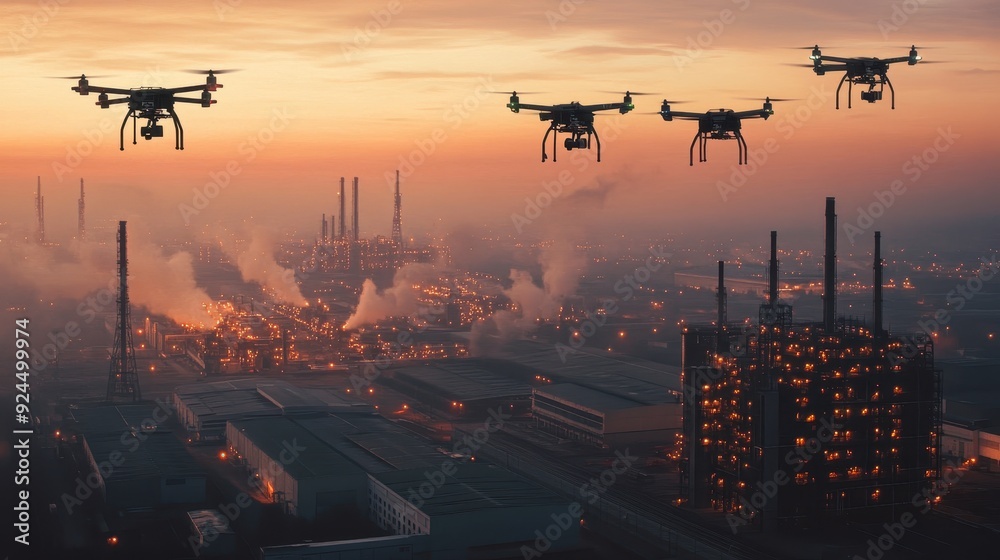 Drones Flying Over Industrial Complex at Sunset. Drones Flying Over Industrial Complex at Sunset.