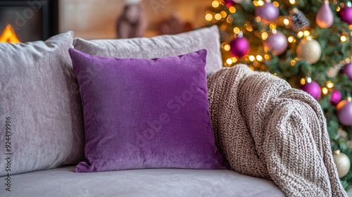 Cozy Christmas Living Room with Festive Decorations and Warm Blanket photo