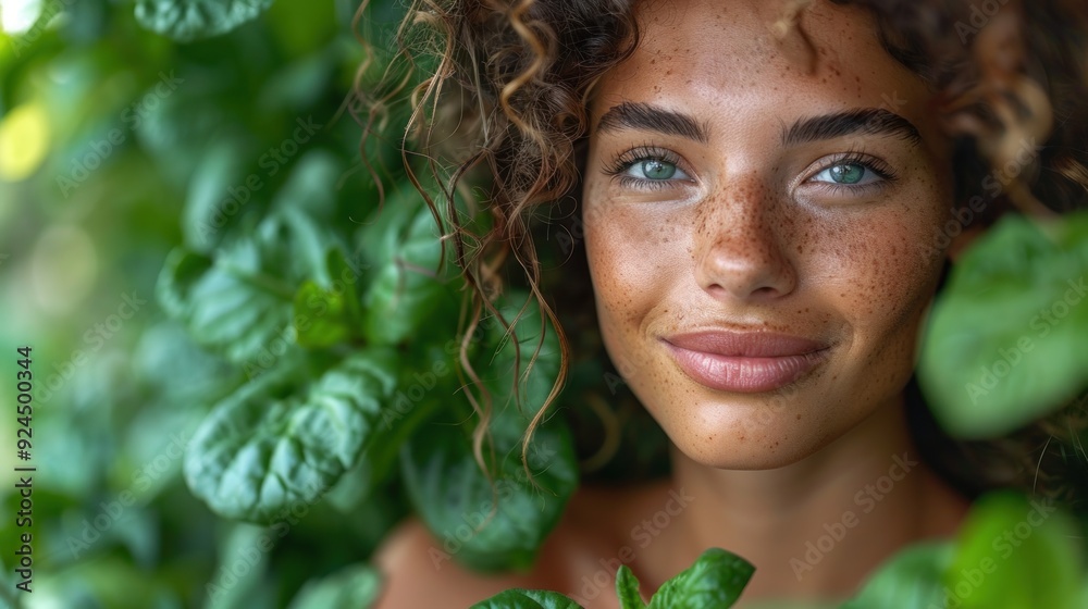 A young woman with curly hair and freckles smiles amidst lush green foliage on a sunny day. Generative AI A young woman with curly hair and freckles smiles amidst lush green foliage on a sunny day. Generative AI