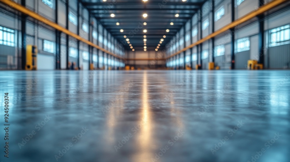 Warehouse interior with lights and polished concrete ground. Warehouse interior with lights and polished concrete ground.