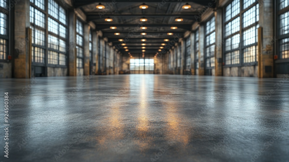Spacious industrial hall with high windows and lights. Spacious industrial hall with high windows and lights.