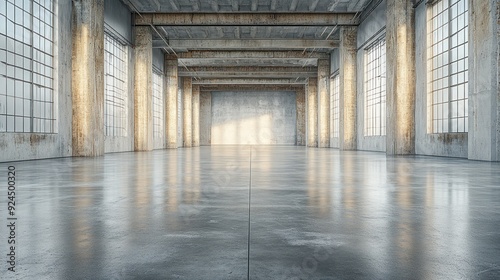 Sunlit industrial space with large windows empty interior