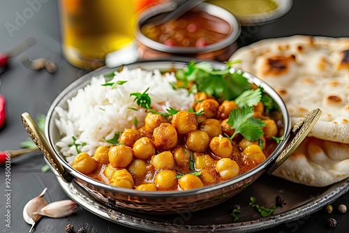 A bowl of chickpea curry served with rice and naan bread, garnished with herbs.