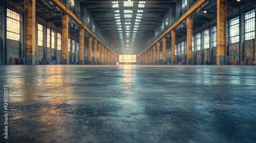 Spacious warehouse with large windows, daylight entering.