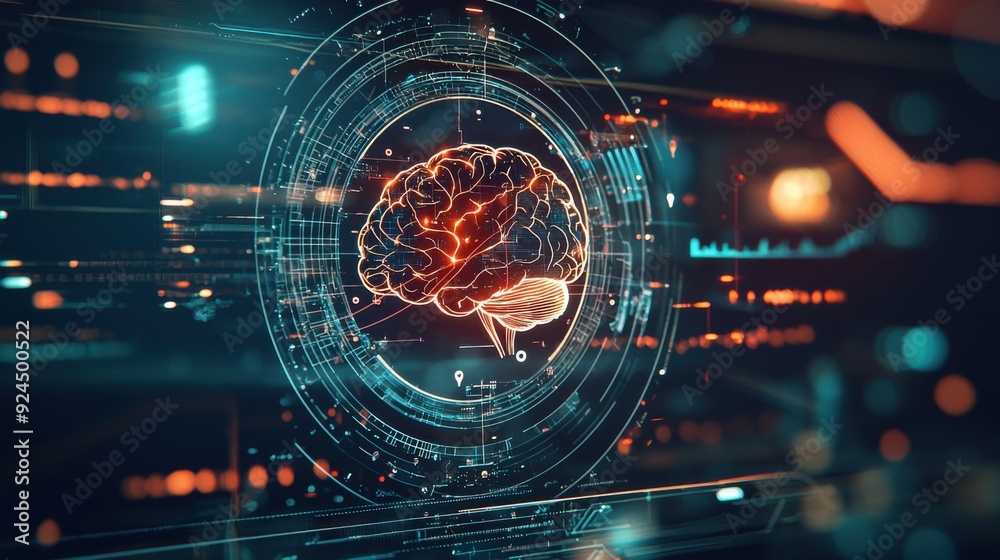 Obraz premium A futuristic game show logo with a central fusion of a robot brain and a human brain, connected by a glowing neural network, set against a backdrop of futuristic technology and holographic patterns